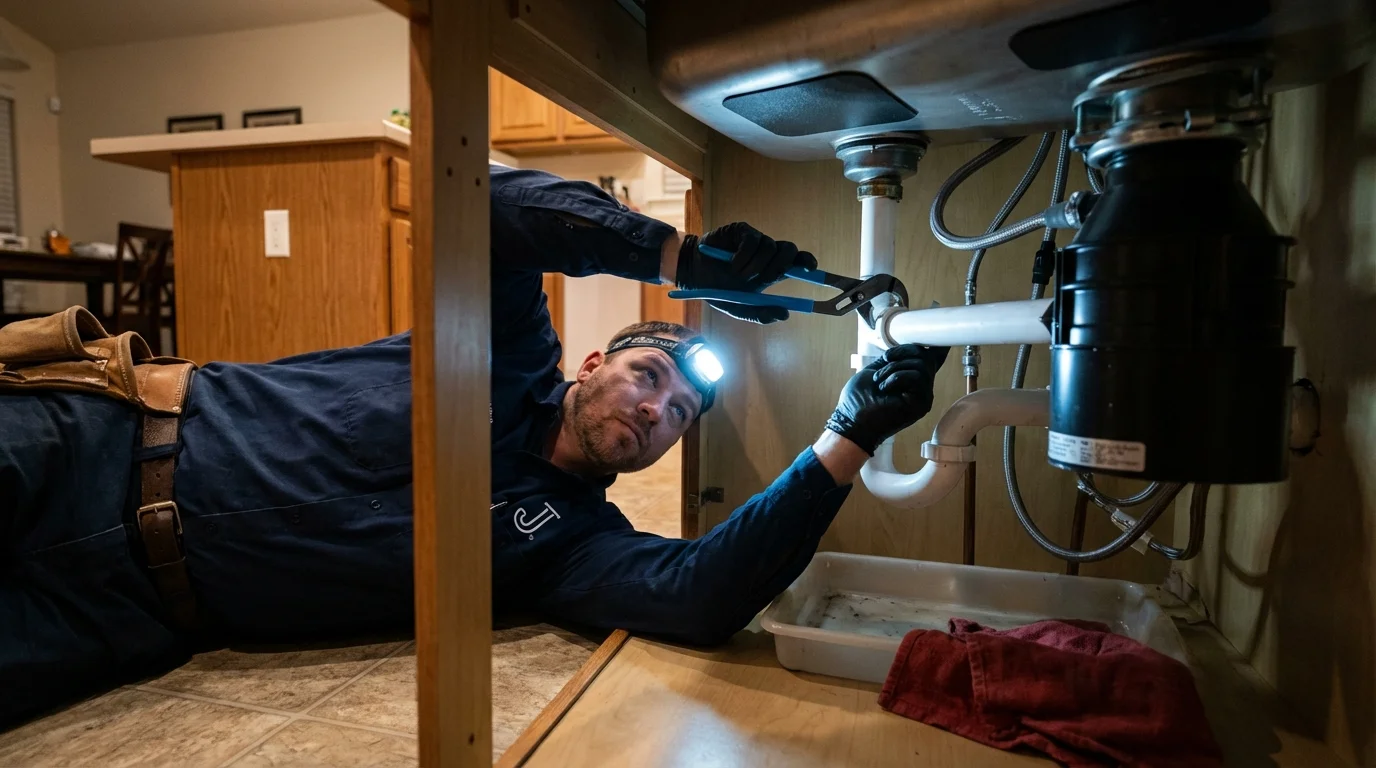 P-trap and supply line connections under a kitchen sink showing a common leak point in Livingston, MT